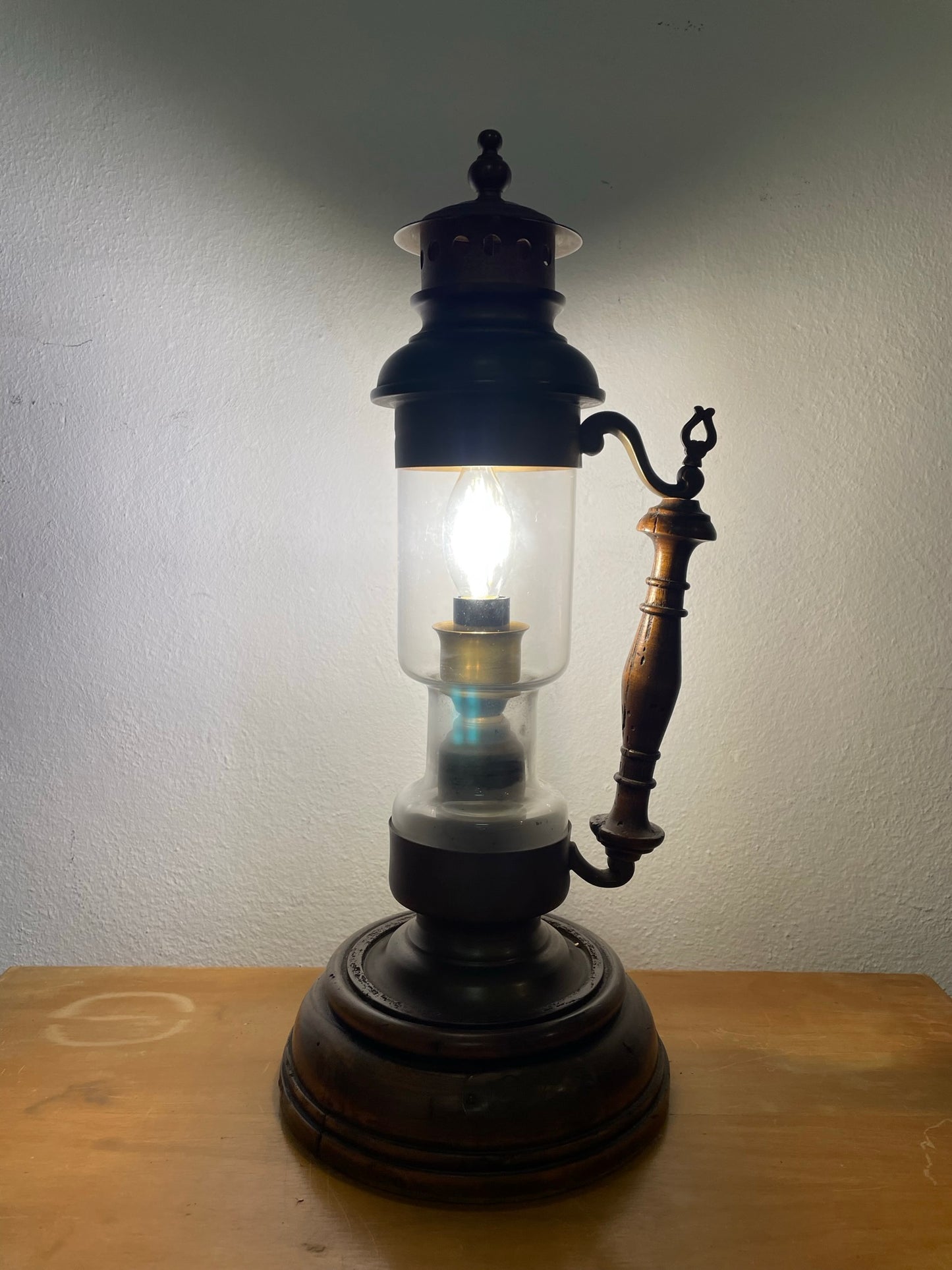 Antique brass and wood lantern lamp