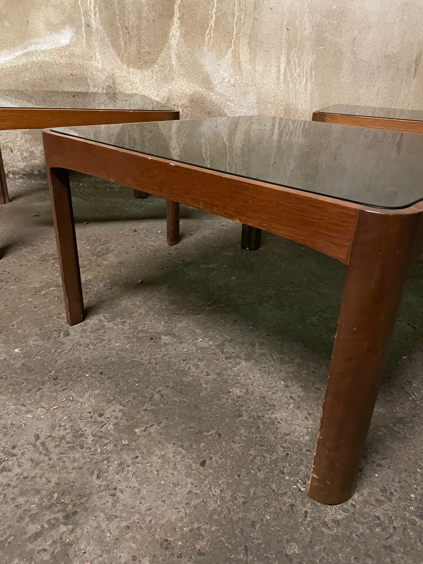 Trio of Poltronova coffee tables in wood and glass