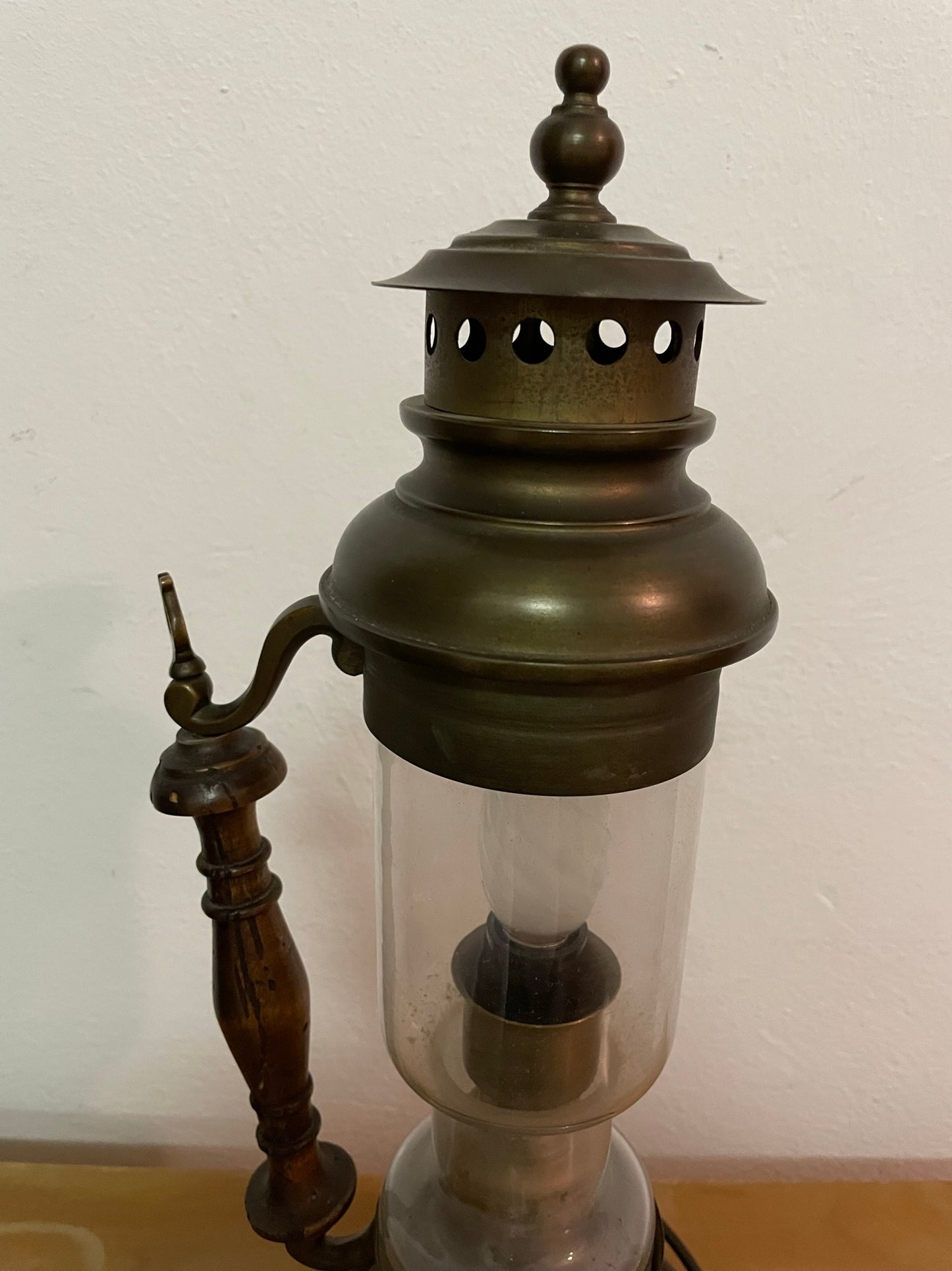 Antique brass and wood lantern lamp
