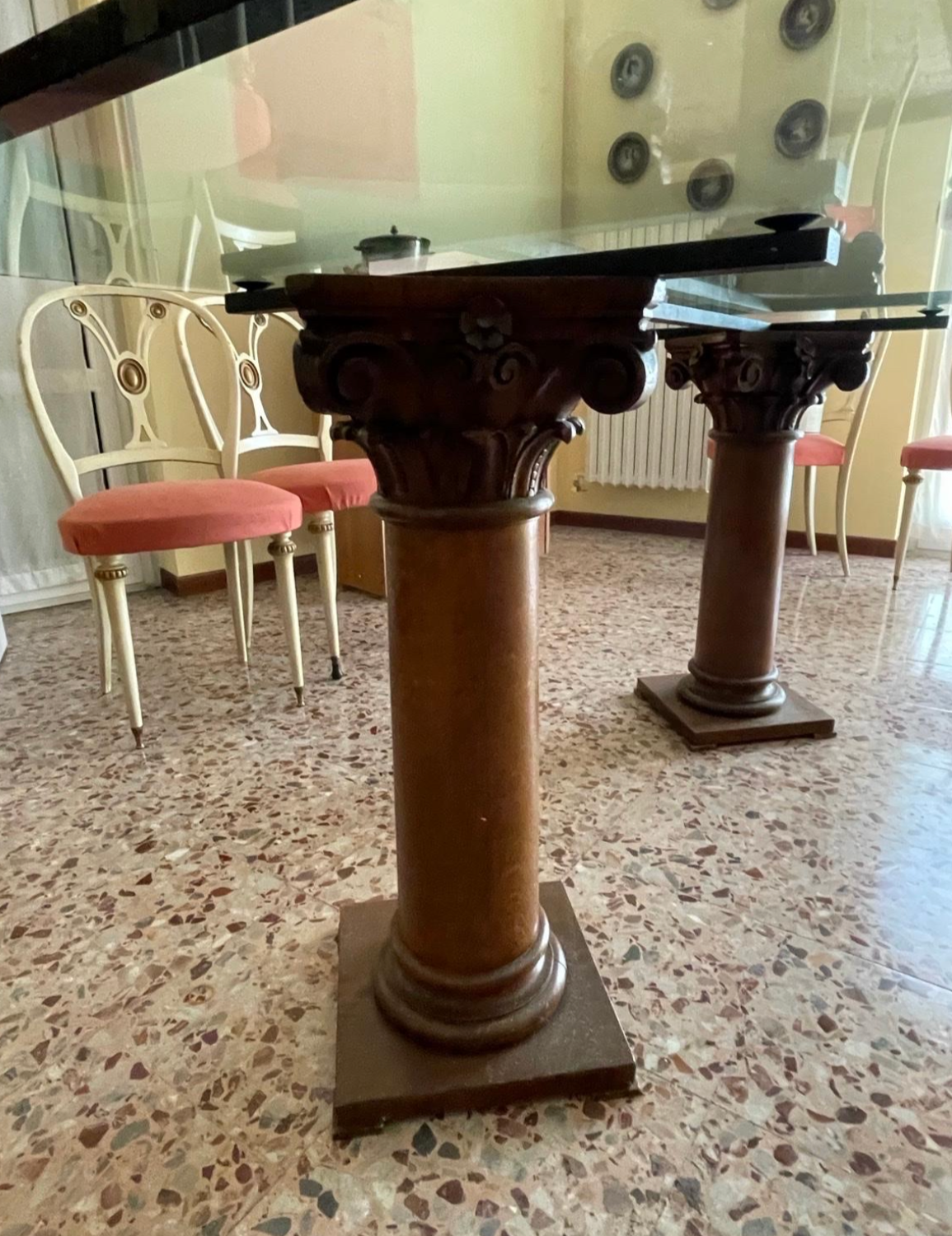 Crystal table with ancient wooden columns