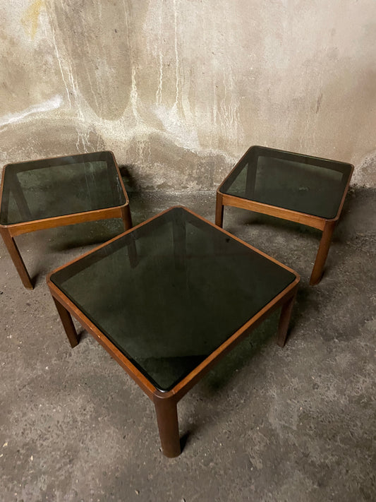 Trio of Poltronova coffee tables in wood and glass